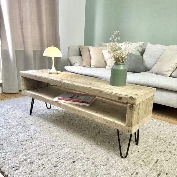 Couchtisch mit Ablage auf Haarnadelbeinen *ungeölt*