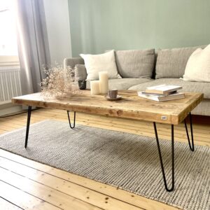 Couchtisch *geölt* aus Gerüstbohlen mit Kopfleisten auf Haarnadelbeinen